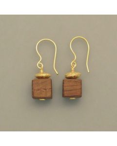 Oak Wood Earrings with Flattened Gold-Plated Silver Beads